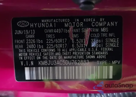 2013 Hyundai Tucson Gls из США, поврежденный, VIN KM8JU3AC5DU762883